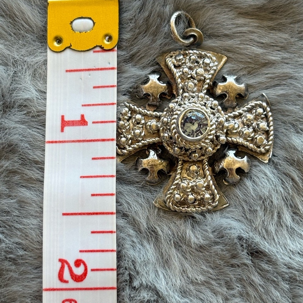 950 Silver Vintage Jerusalem Cross Pendant w/ Blue Crystal - Picture 5 of 5